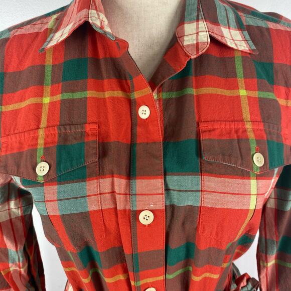 L.L. Bean Signature Madras Camp Shirt Dress Red Plaid Button Down Womens Size 10 - Picture 11 of 16